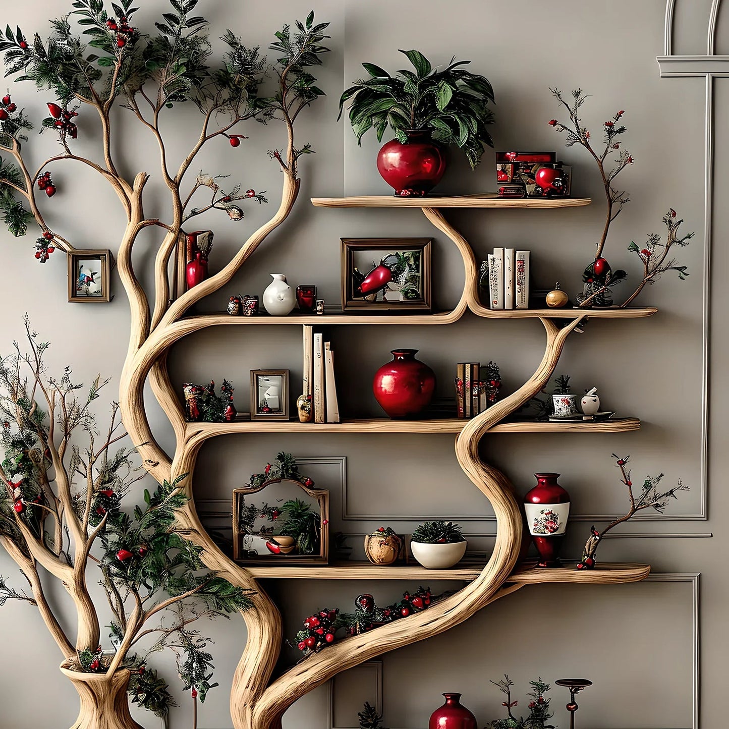Rustic Tree Branch Decorative shelf in natural tree shape, solid wood, living room decoration