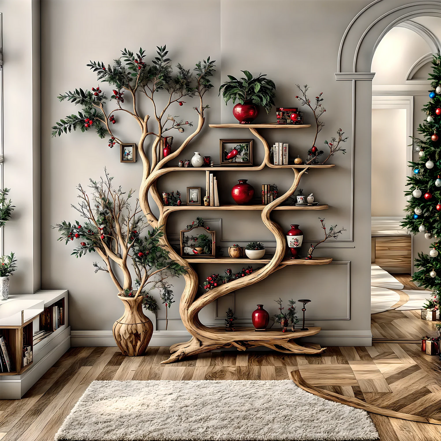Rustic Tree Branch Decorative shelf in natural tree shape, solid wood, living room decoration