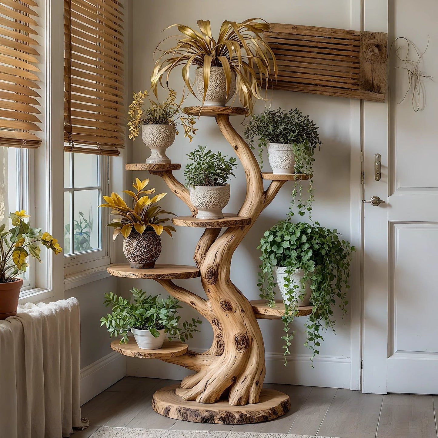Tree Plant Stand Artistic plant shelf, made of solid wood, home decoration shelf.
