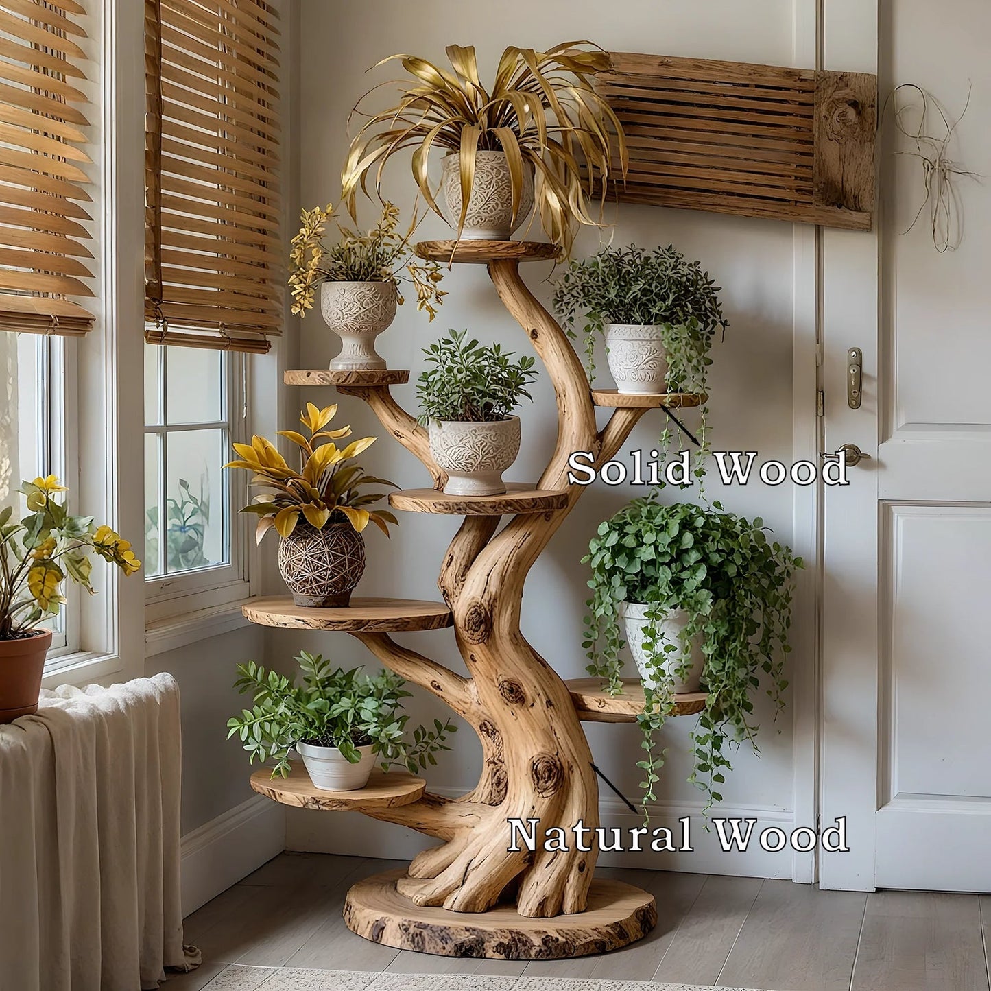 Tree Plant Stand Artistic plant shelf, made of solid wood, home decoration shelf.
