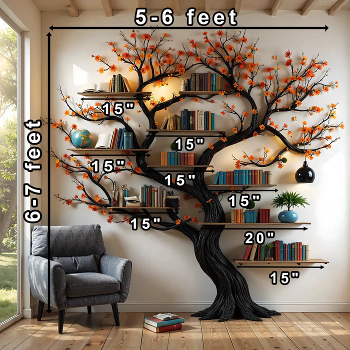 Black tree branch bookshelf wall mount floating shelf mid century bookcase montessori bookshelf handmade furniture christmas decor Scandinavian