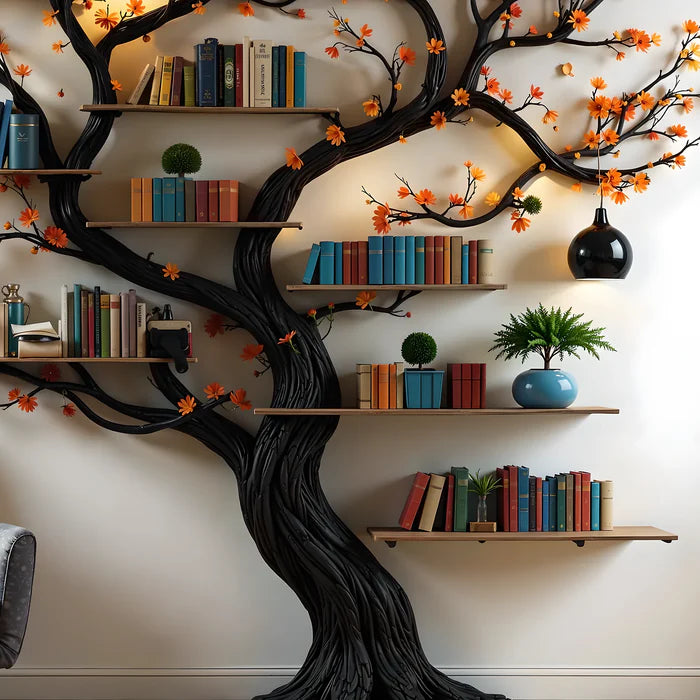 Black tree branch bookshelf wall mount floating shelf mid century bookcase montessori bookshelf handmade furniture christmas decor Scandinavian