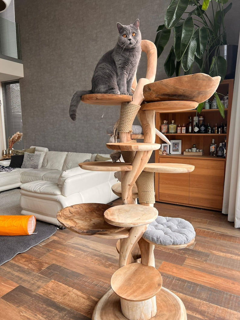 Wooden Cat Tree – Handmade Natural Branch Cat Tower – Indoor Cat Shelf Furniture – Unique Pet Tree for Living Room Decor