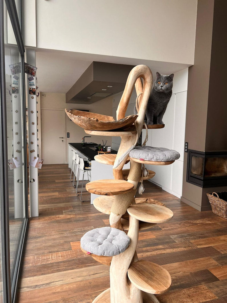 Wooden Cat Tree – Handmade Natural Branch Cat Tower – Indoor Cat Shelf Furniture – Unique Pet Tree for Living Room Decor