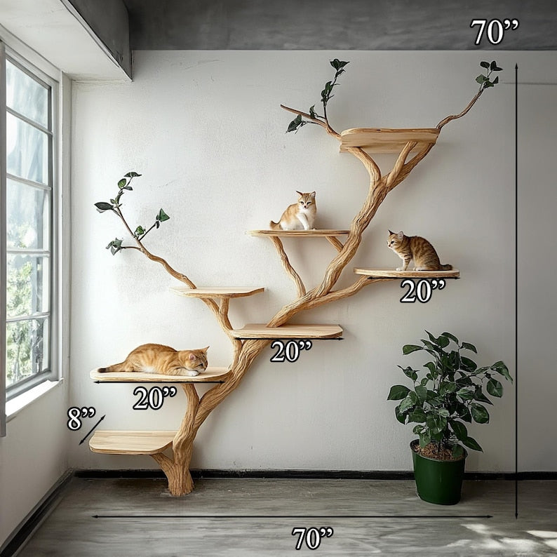 Wooden Tree Shaped Cat Tree – Handmade Natural Branch Cat Tower – Indoor Cat Shelf Furniture – Unique Pet Tree for Living Room Decor
