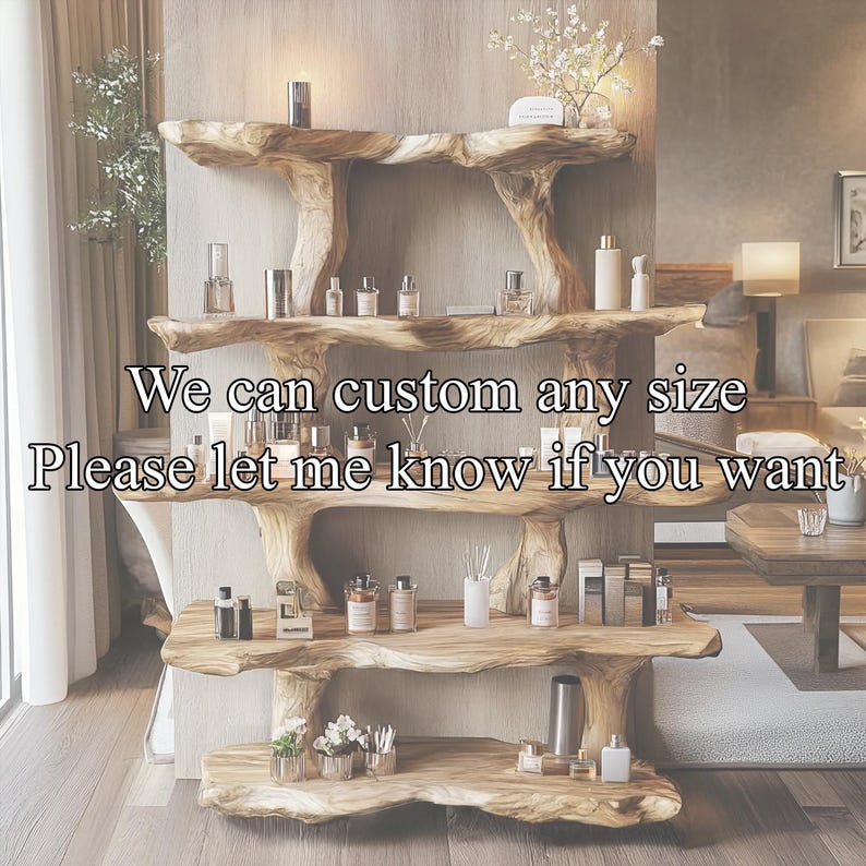 Rustic Wooden Shelf for Makeup, Natural Live Edge Wood Cosmetic Organizer, Handmade Boho Bathroom Display Stand, Wood Spa Shelf Decor