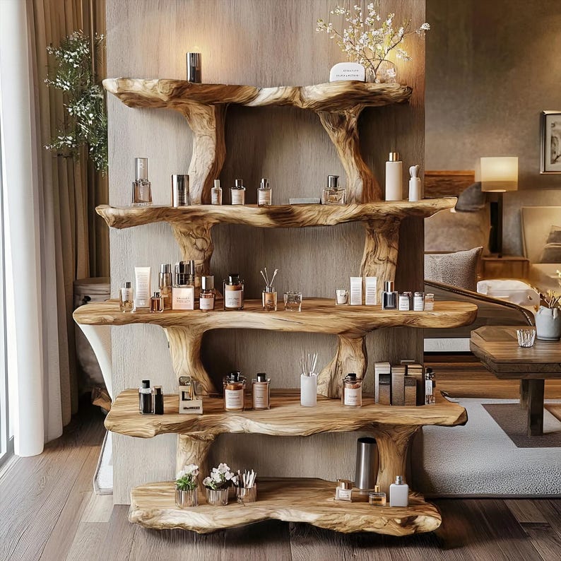 Rustic Wooden Shelf for Makeup, Natural Live Edge Wood Cosmetic Organizer, Handmade Boho Bathroom Display Stand, Wood Spa Shelf Decor