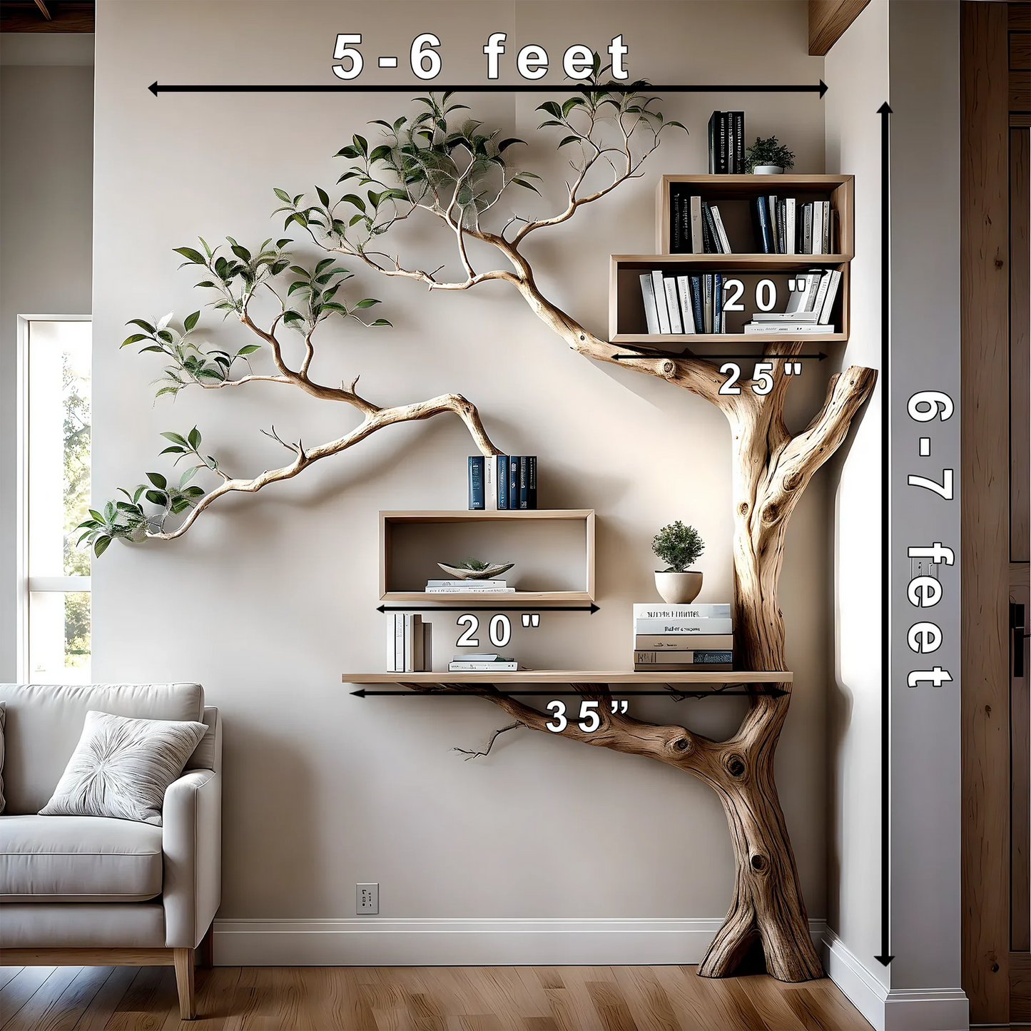 Rustic Tree Branch Floating Corner Shelf with Corner Lshaped Bench Handmade Driftwood bookshelf wall decor & home storage