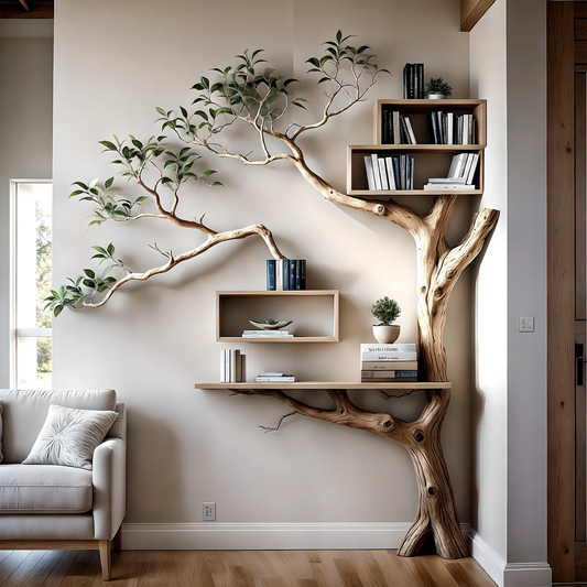 Rustic Tree Branch Floating Corner Shelf with Corner Lshaped Bench Handmade Driftwood bookshelf wall decor & home storage