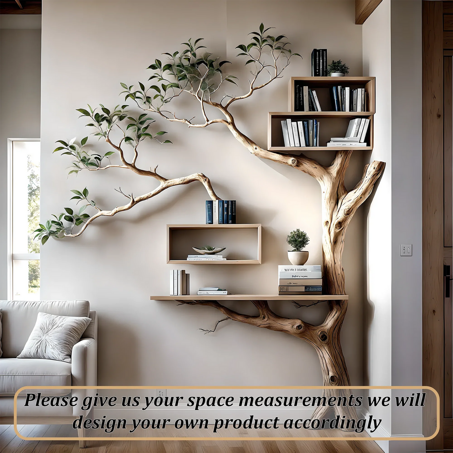 Rustic Tree Branch Floating Corner Shelf with Corner Lshaped Bench Handmade Driftwood bookshelf wall decor & home storage