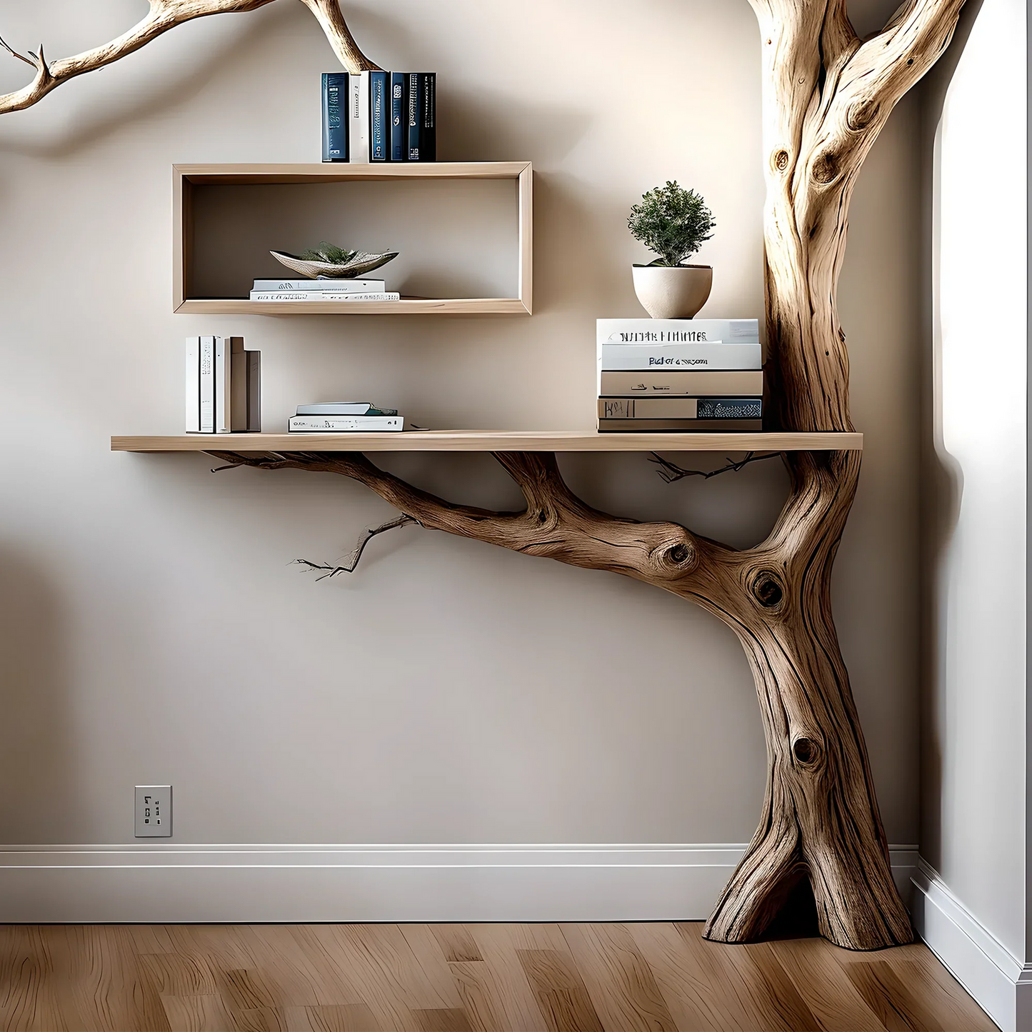 Rustic Tree Branch Floating Corner Shelf with Corner Lshaped Bench Handmade Driftwood bookshelf wall decor & home storage