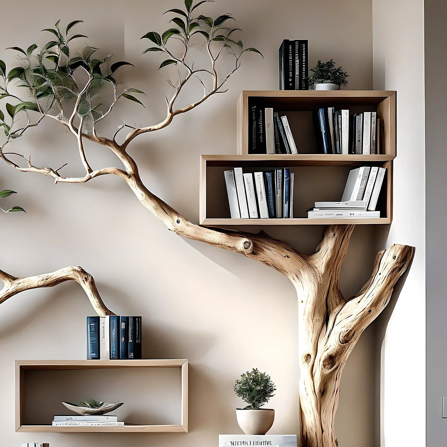 Rustic Tree Branch Floating Corner Shelf with Corner Lshaped Bench Handmade Driftwood bookshelf wall decor & home storage