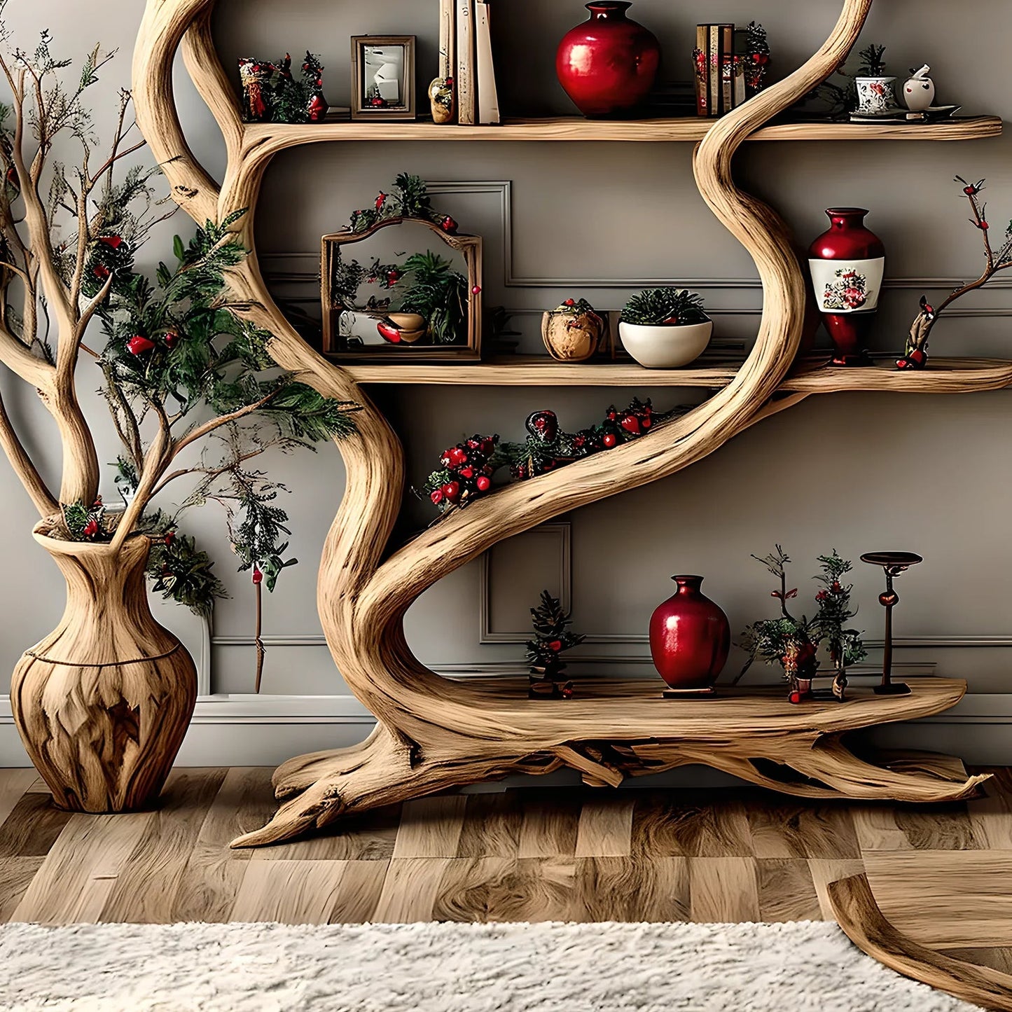 Rustic Tree Branch Decorative shelf in natural tree shape, solid wood, living room decoration