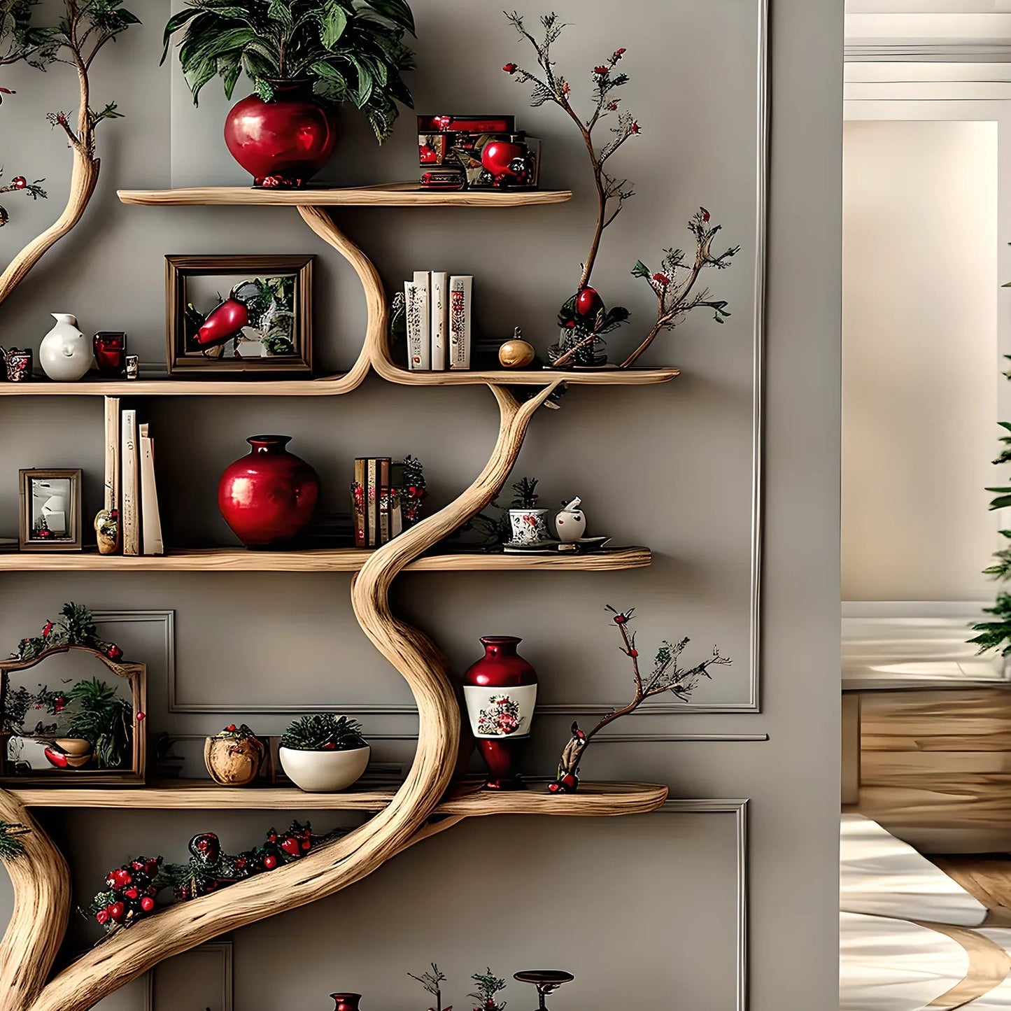 Rustic Tree Branch Decorative shelf in natural tree shape, solid wood, living room decoration