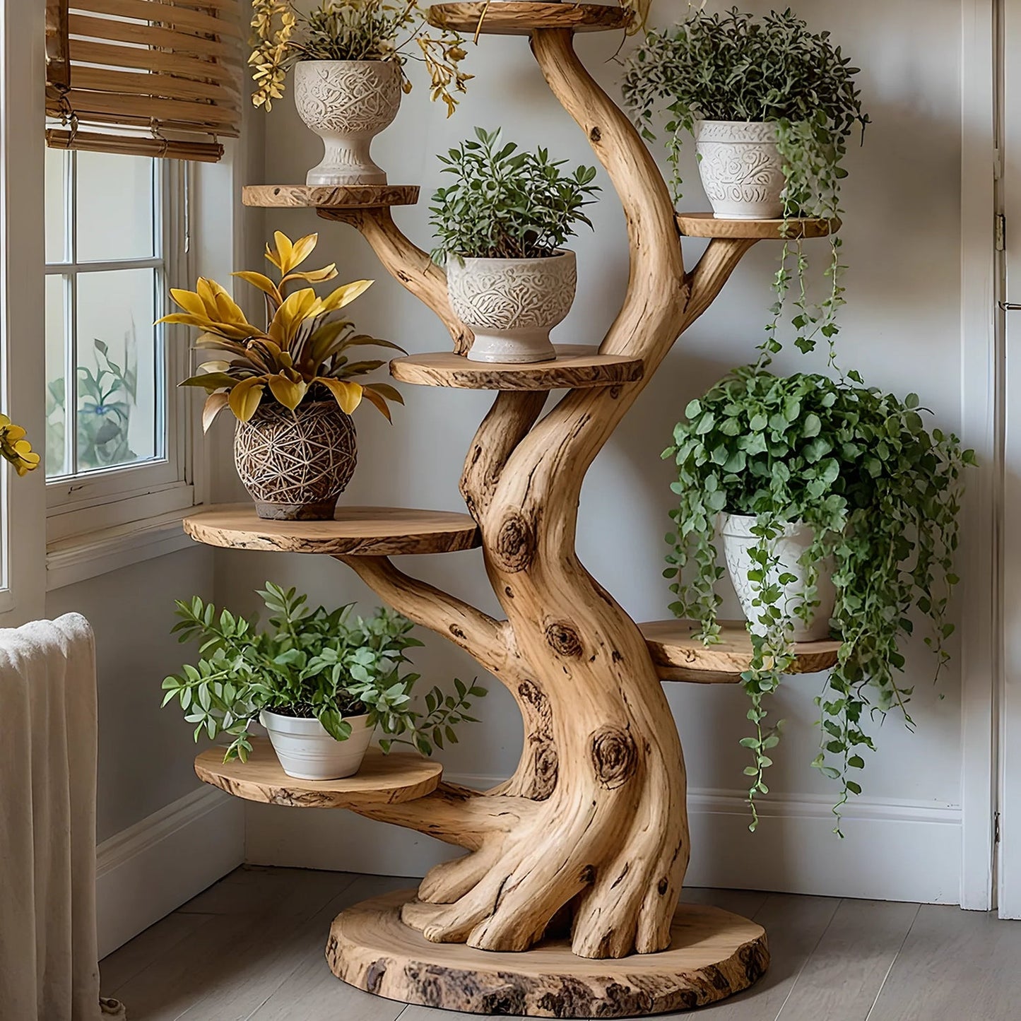Tree Plant Stand Artistic plant shelf, made of solid wood, home decoration shelf.
