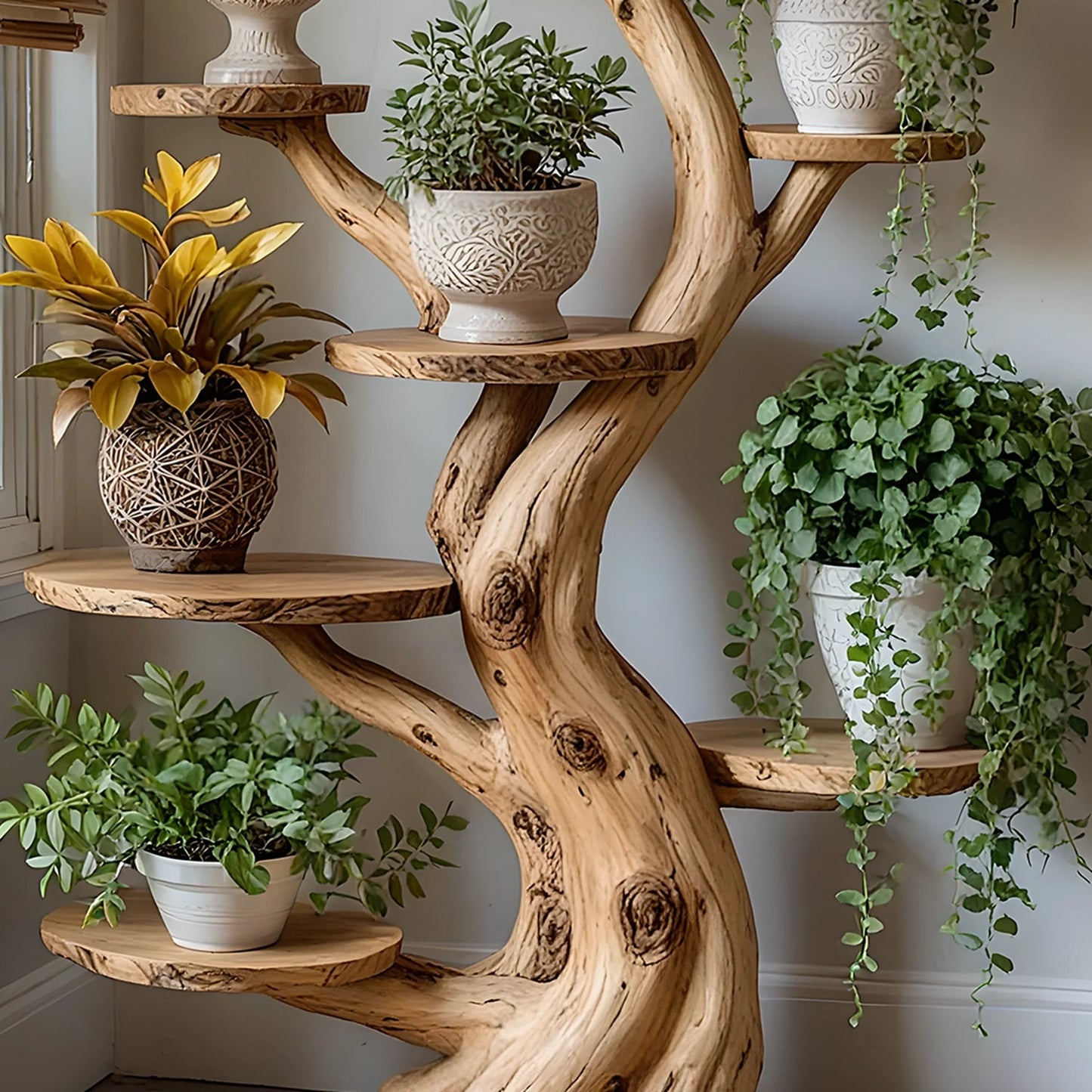 Tree Plant Stand Artistic plant shelf, made of solid wood, home decoration shelf.