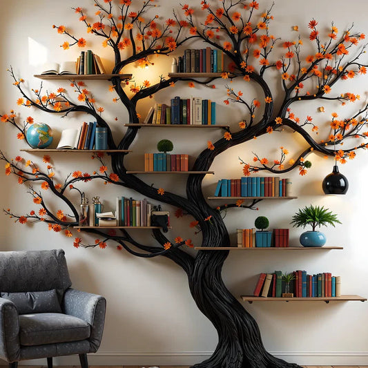 Black tree branch bookshelf wall mount floating shelf mid century bookcase montessori bookshelf handmade furniture christmas decor Scandinavian