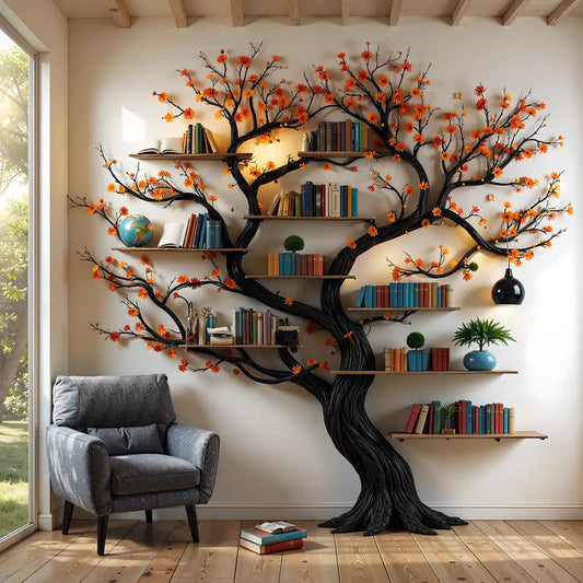Black tree branch bookshelf wall mount floating shelf mid century bookcase montessori bookshelf handmade furniture christmas decor Scandinavian