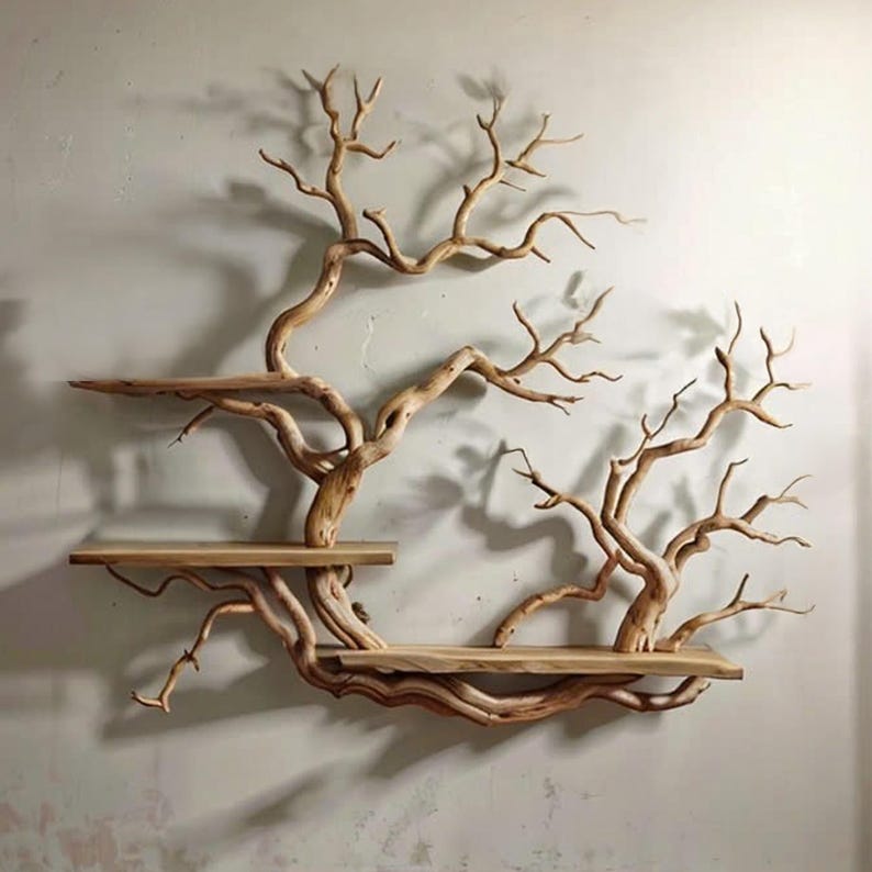 Tree bookshelves custom floating shelves solid wood bookcase carving driftwood art shelves on wall