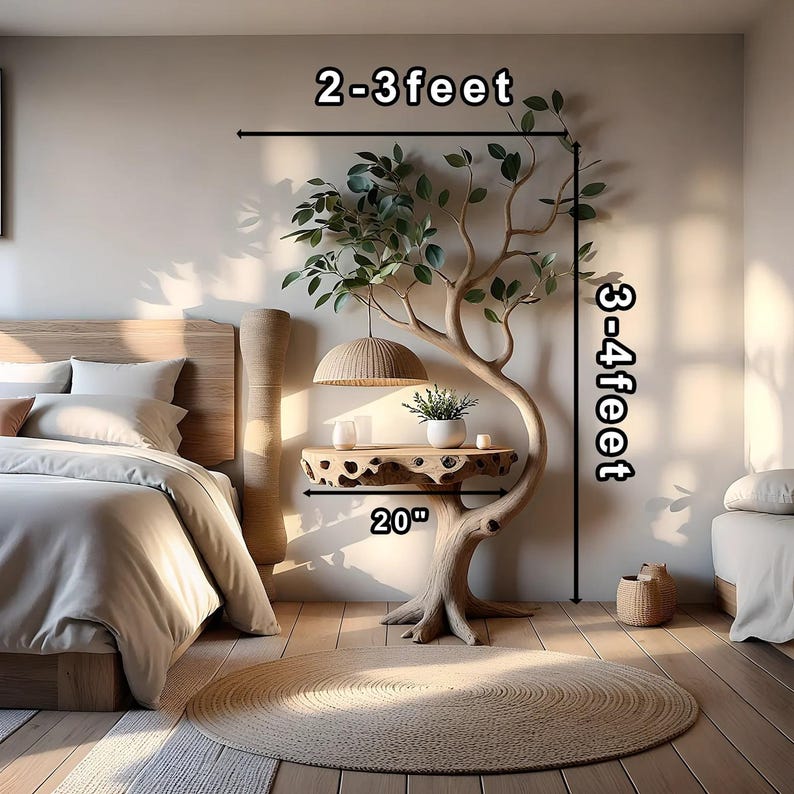 Tree shaped bedside table with night light, solid wood bedside table. 50'H ×40"W