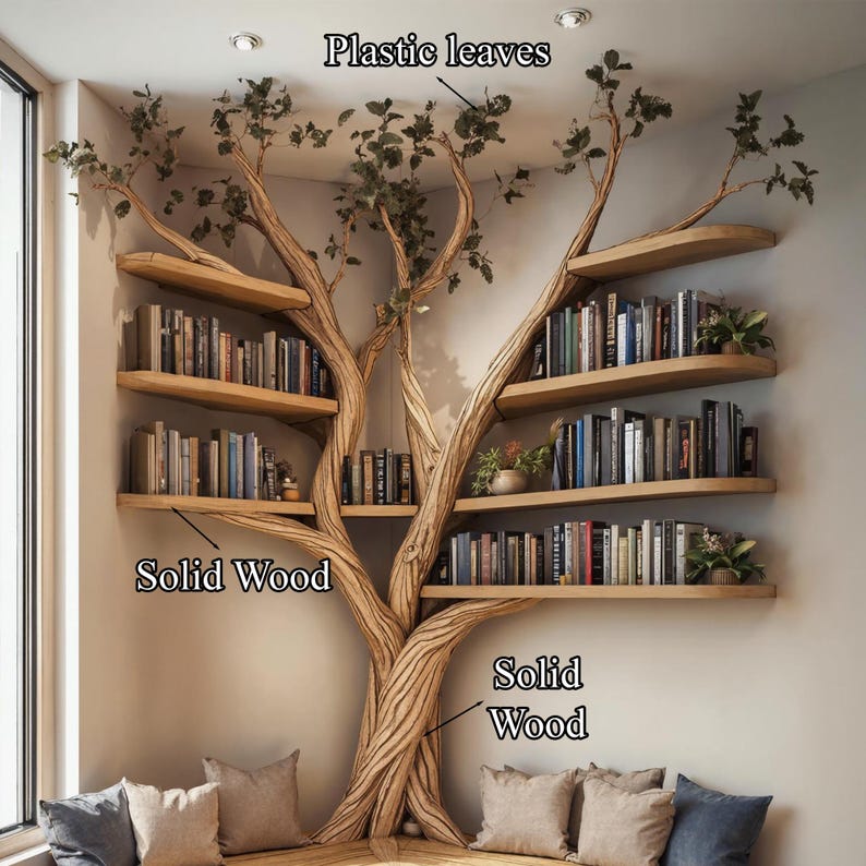Rustic Tree Branch Floating Corner Shelf with Corner Lshaped Bench Handmade Driftwood bookshelf wall decor & home storage