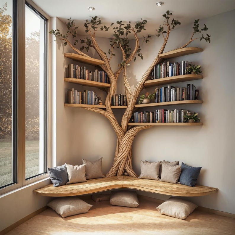 Rustic Tree Branch Floating Corner Shelf with Corner Lshaped Bench Handmade Driftwood bookshelf wall decor & home storage