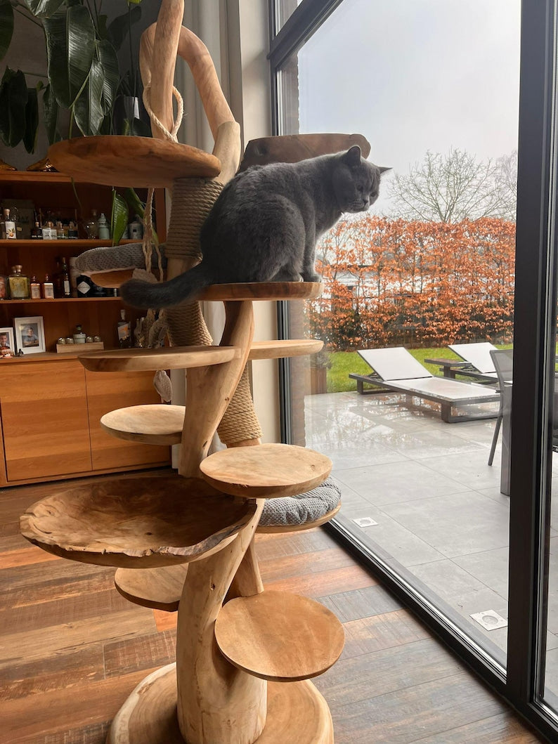 Wooden Cat Tree – Handmade Natural Branch Cat Tower – Indoor Cat Shelf Furniture – Unique Pet Tree for Living Room Decor