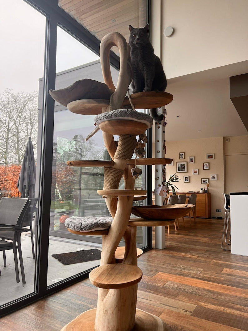Wooden Cat Tree – Handmade Natural Branch Cat Tower – Indoor Cat Shelf Furniture – Unique Pet Tree for Living Room Decor