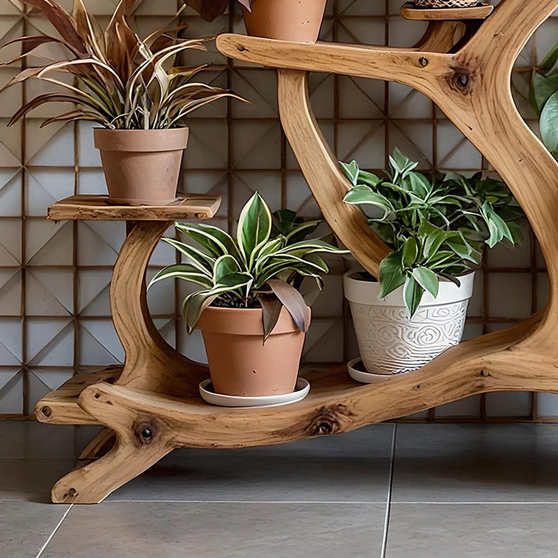Tree Plant Stand Artistic plant shelf, made of solid wood, home decoration shelf.