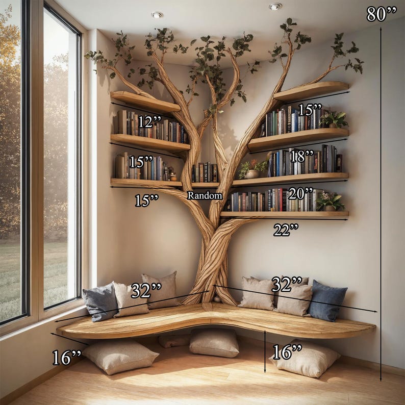 Rustic Tree Branch Floating Corner Shelf with Corner Lshaped Bench Handmade Driftwood bookshelf wall decor & home storage