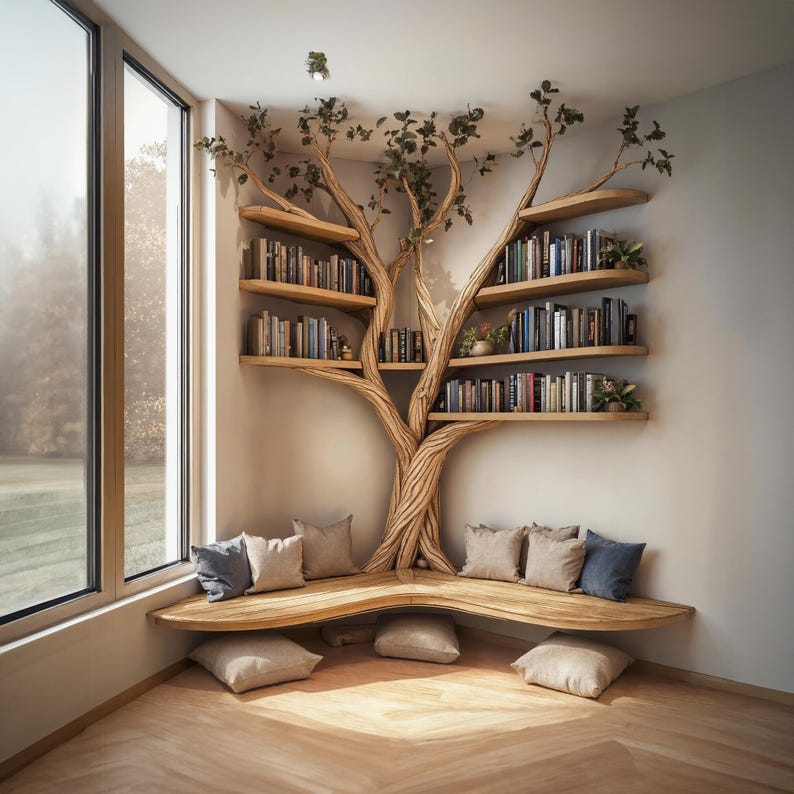 Rustic Tree Branch Floating Corner Shelf with Corner Lshaped Bench Handmade Driftwood bookshelf wall decor & home storage