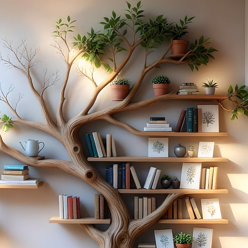 Floating bookshelf shaped like a tree branch made from real wood – delicate, durable, ideal for home decoration and storing books.