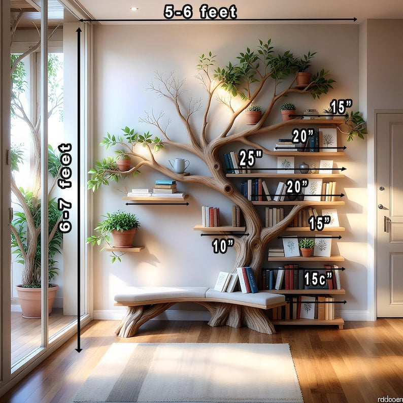 Floating bookshelf shaped like a tree branch made from real wood – delicate, durable, ideal for home decoration and storing books.