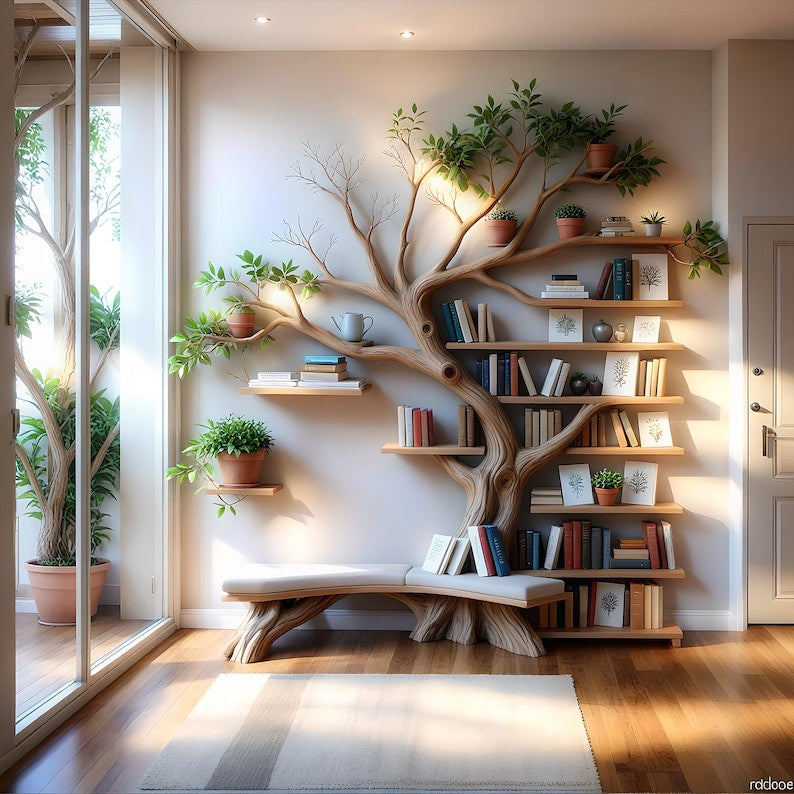 Floating bookshelf shaped like a tree branch made from real wood – delicate, durable, ideal for home decoration and storing books.