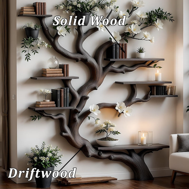 Artistic bookshelf made from real wood – each tree-shaped shelf is a natural work of art, creating a highlight for the study corner.