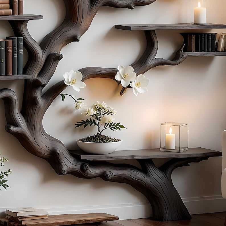 Artistic bookshelf made from real wood – each tree-shaped shelf is a natural work of art, creating a highlight for the study corner.