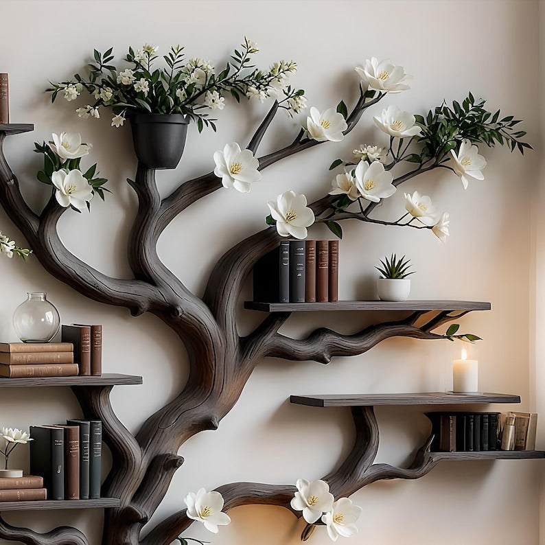 Artistic bookshelf made from real wood – each tree-shaped shelf is a natural work of art, creating a highlight for the study corner.