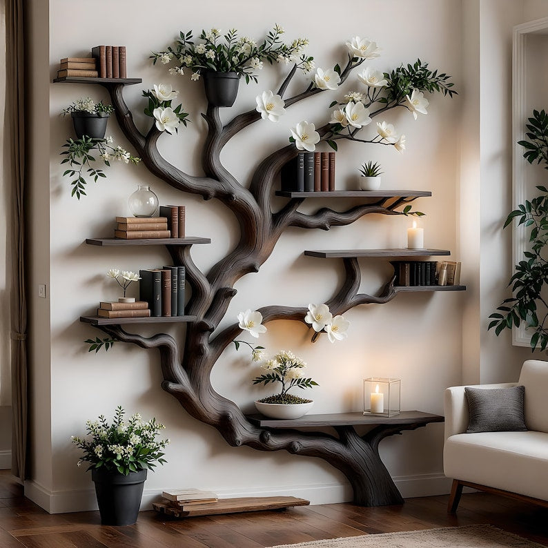 Artistic bookshelf made from real wood – each tree-shaped shelf is a natural work of art, creating a highlight for the study corner.