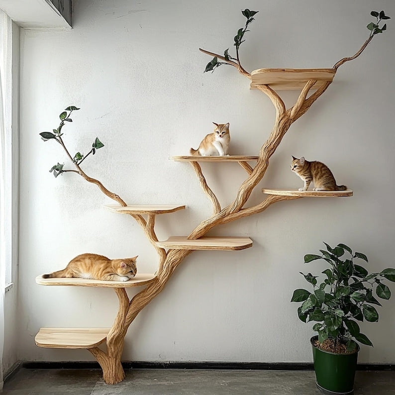 Wooden Tree Shaped Cat Tree – Handmade Natural Branch Cat Tower – Indoor Cat Shelf Furniture – Unique Pet Tree for Living Room Decor