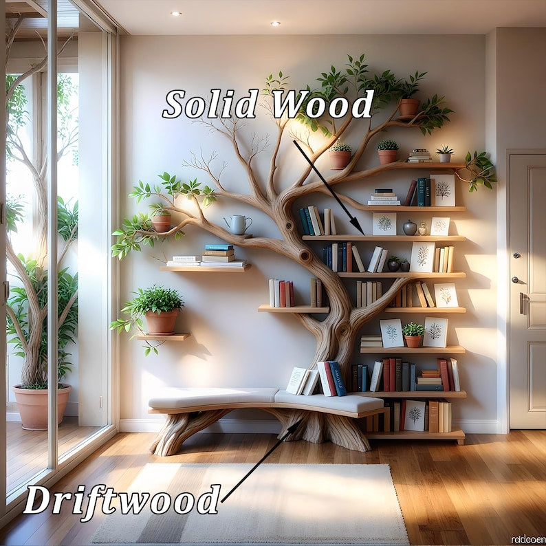 Floating bookshelf shaped like a tree branch made from real wood – delicate, durable, ideal for home decoration and storing books.